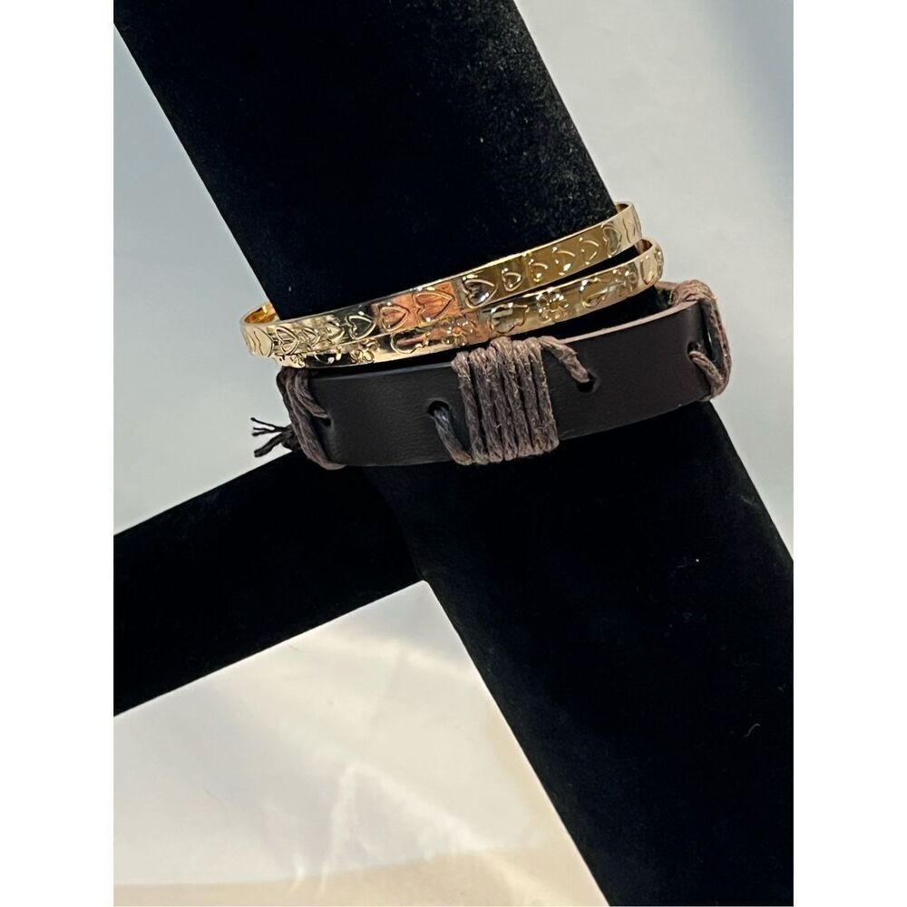 Three Stackable Bracelets Leather Adjustable and Two Gold Colored Metal Cuff